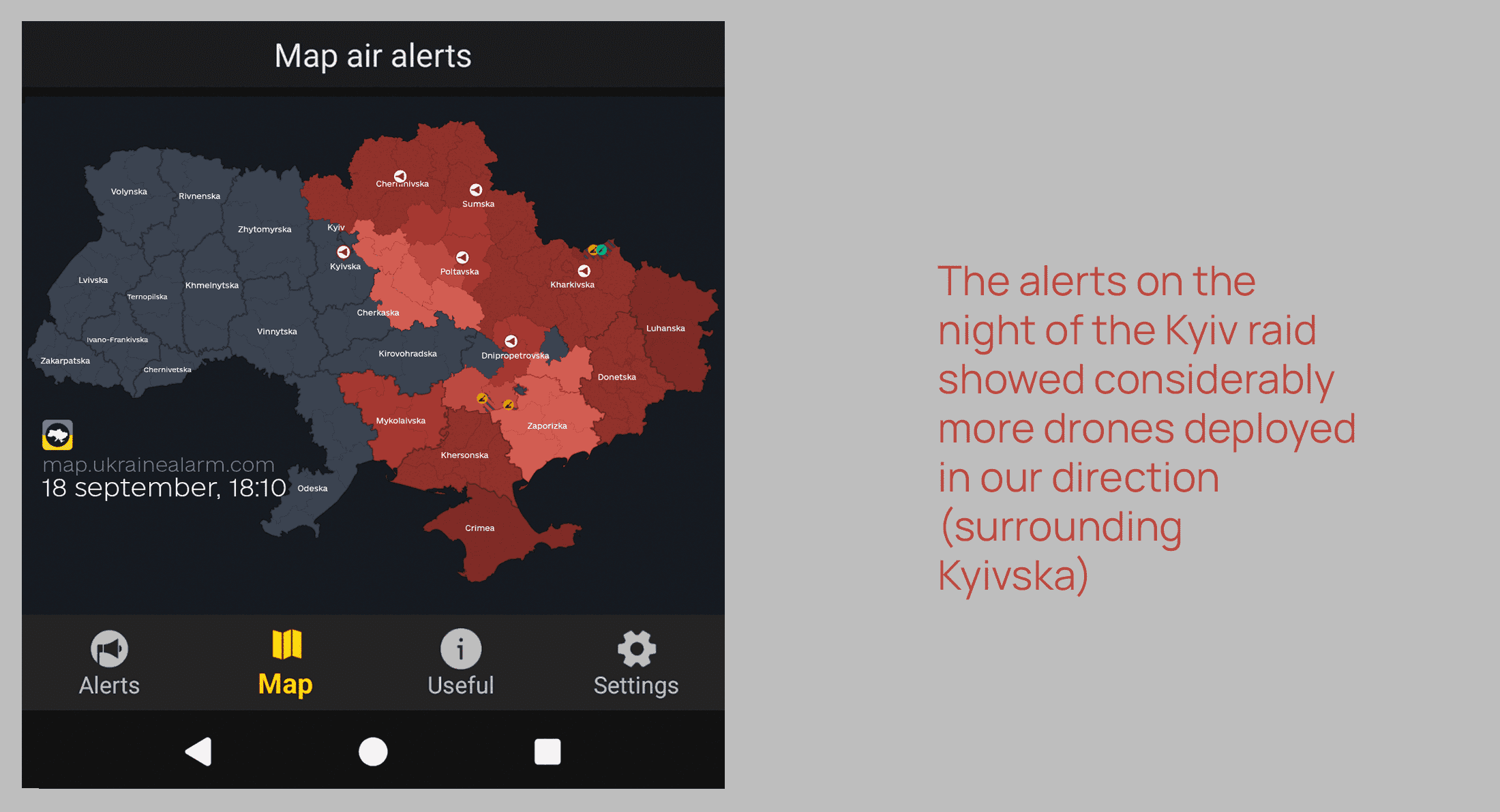 Air alert app going off around Kiev when the drones were attacking